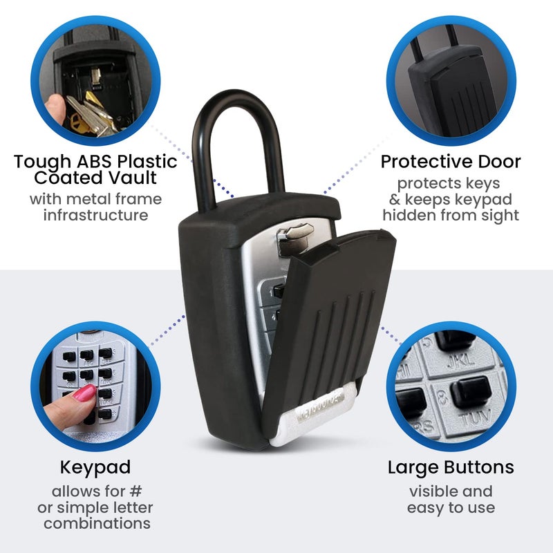 KeyGuard SL-500 Punch Button Lock Box, Black | Portable Shackle LockBox For Outside- Fits House Keys, Car Keys, Fobs, Credit Cards/IDs & More | Keypad Safe Box, Digital Push Button Combination Lock - Image 4
